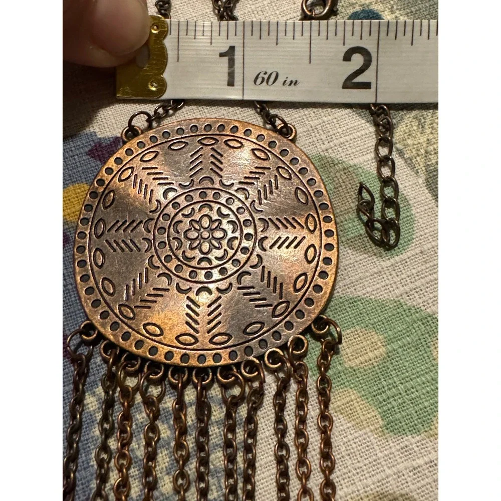 Boho Antiqued Copper Medallion Fringe Statement Necklace Geometric Tribal Drop